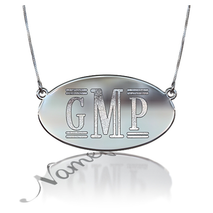 Monogram Necklace with Sparkling Oval Plate in 10k White Gold - "GMP" - 1