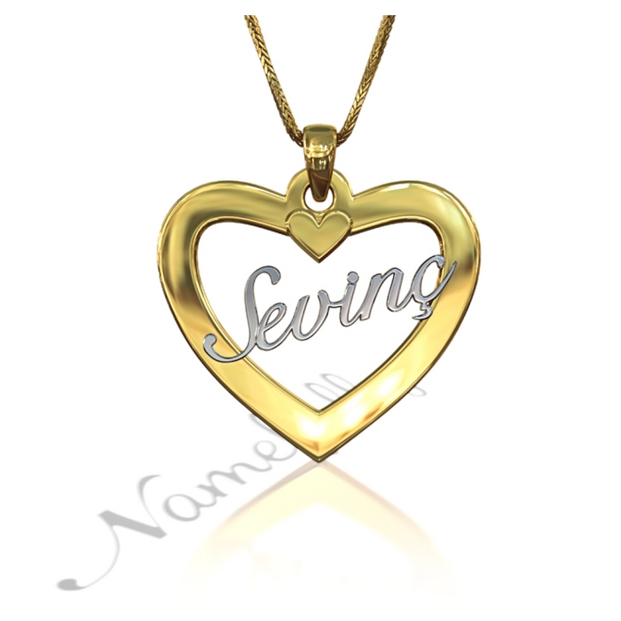 Turkish Name Necklace in Heart-Shaped Pendant - "Sevinc" (Two-Tone 14k White & Yellow Gold) - 1