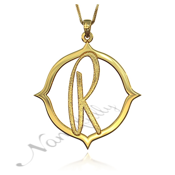 Initial Necklace in Sparkling Contemporary Script in 18k Yellow Gold Plated Silver - "R is for Remarkable" - 1
