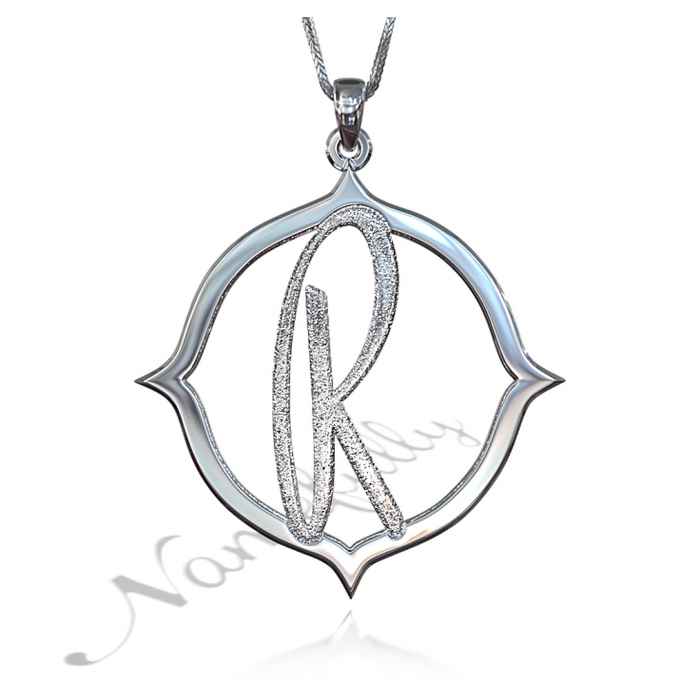 Initial Necklace in Sparkling Contemporary Script in 10k White Gold - "R is for Remarkable" - 1