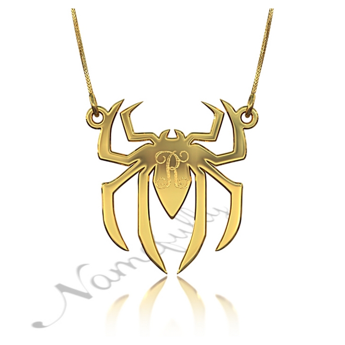 Initial Necklace with Spider Design in 18k Yellow Gold Plated - 1