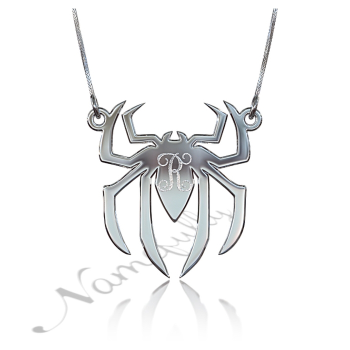 Initial Necklace with Spider Design in 14k White Gold - 1