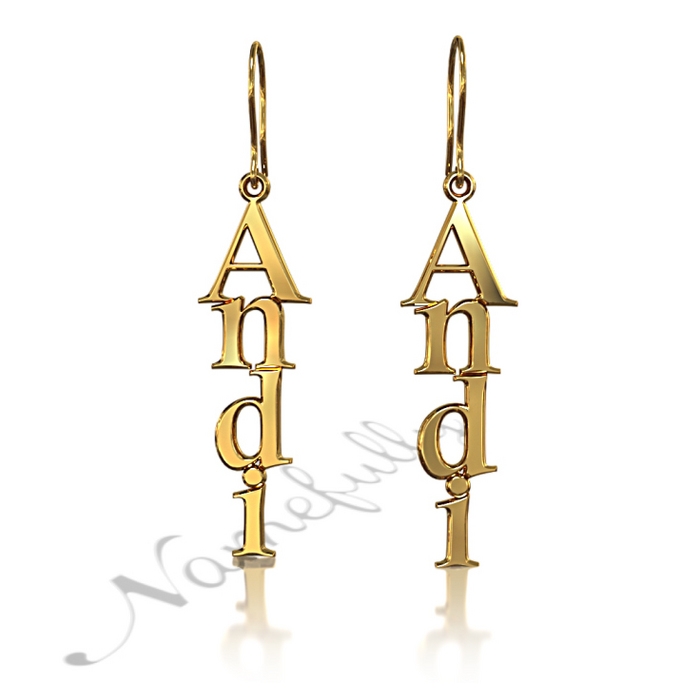 Name Earrings - Vertically Dangling Design in 10k Yellow Gold - "Andi" - 1