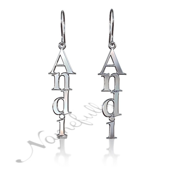 Name Earrings - Vertically Dangling Design in 10k White Gold - "Andi" - 1
