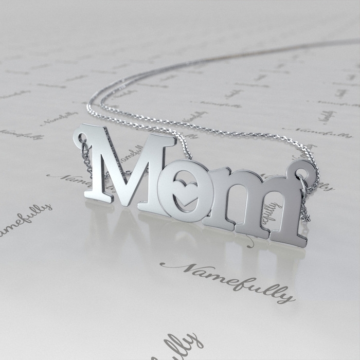 "Mom" Necklace with Heart Pendant in 10k White Gold - 1