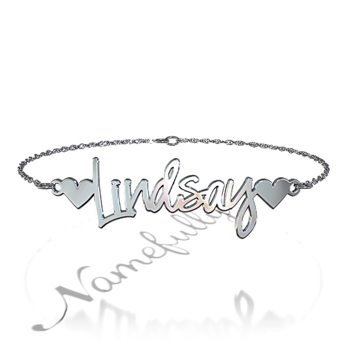 14k White Gold Name Bracelet with Hearts - "Lindsay" - 1