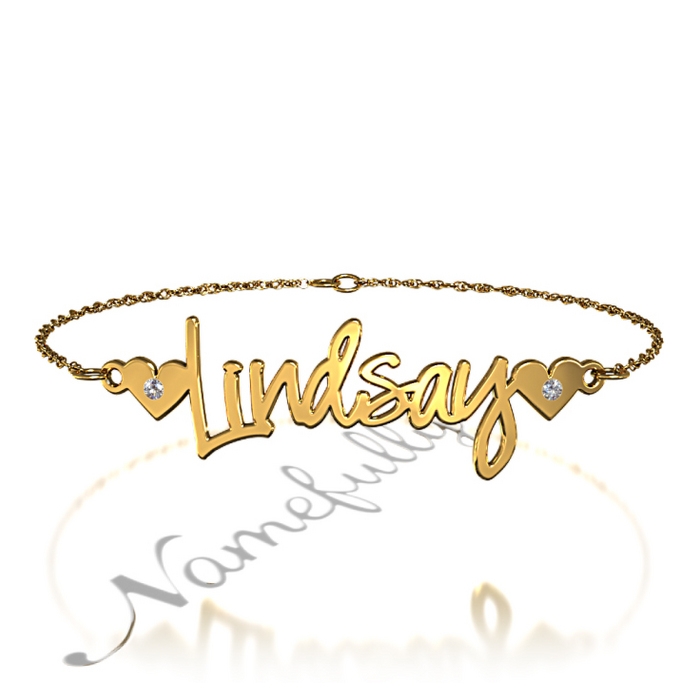 Name Bracelet with Hearts and Diamonds in 18k Yellow Gold Plated Silver - "Lindsay" - 1