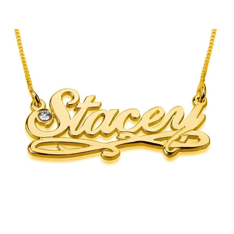 Double Thickness Birthstone Name Necklace Calligraphy Style, 24k Gold Plated - 1
