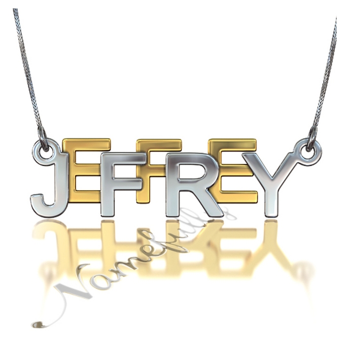 3D Name Necklace with Bold Layered Letters - "Jeffrey" (Two-Tone 10k Yellow & White Gold) - 1