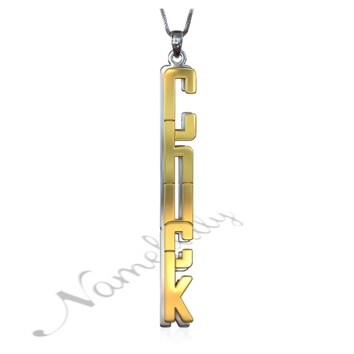 Vertical 3D Name Necklace with Double Layer - "Chuck" (Two-Tone 14k Yellow & White Gold) - 1