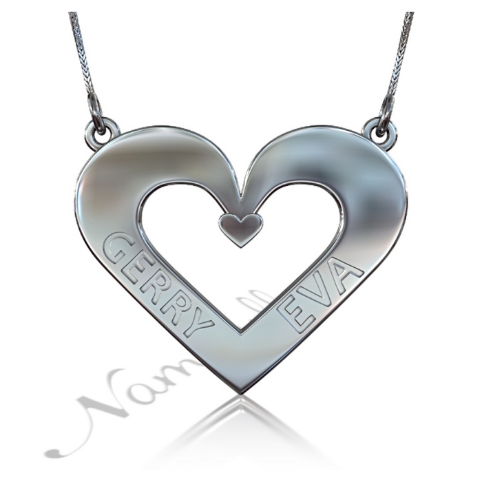 3D Heart Name Necklace in 10k White Gold - "Gerry Loves Eva" - 1