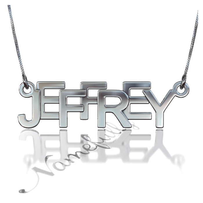 3D Name Necklace with Bold Layered Letters in 10k White Gold - "Jeffrey" - 1