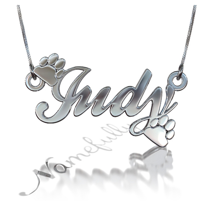 14k White Gold 3D Name Necklace with Paw Prints - "Judy" - 1