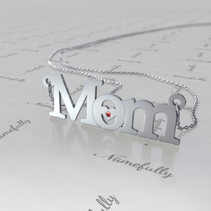 "We Love Mom" Necklace with Swarovski Birthstones in 14k White Gold - 1