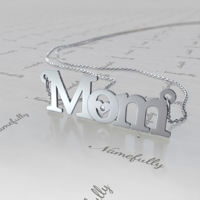"We Love Mom" Necklace with Diamonds in 14k White Gold - 1