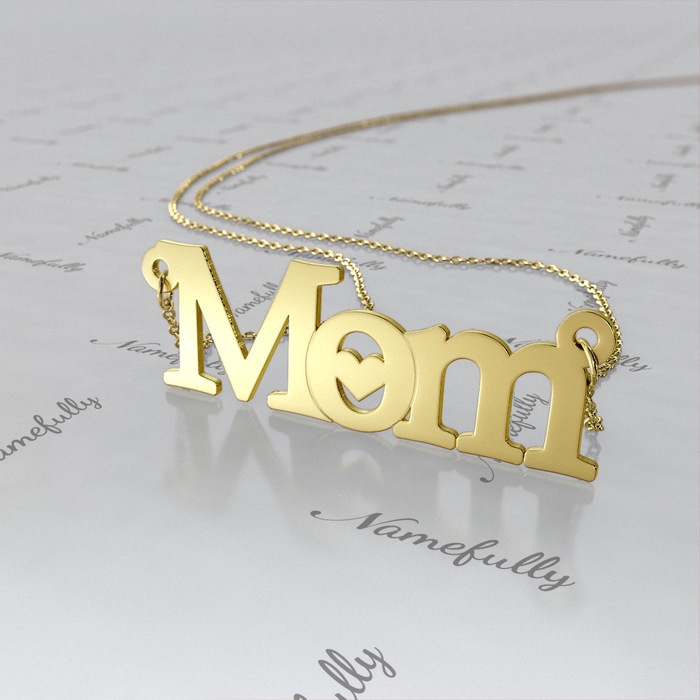 "Mom" Necklace with Heart Pendant in 10k Yellow Gold - 1