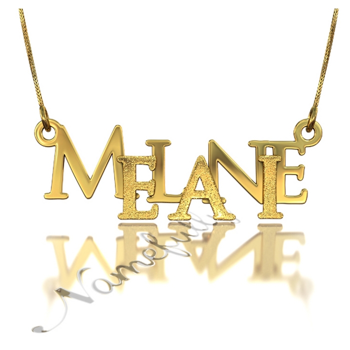 Sparkling Name Necklace with Layered Letters in Bold Font in 18k Yellow Gold Plated Silver - "Melanie" - 1