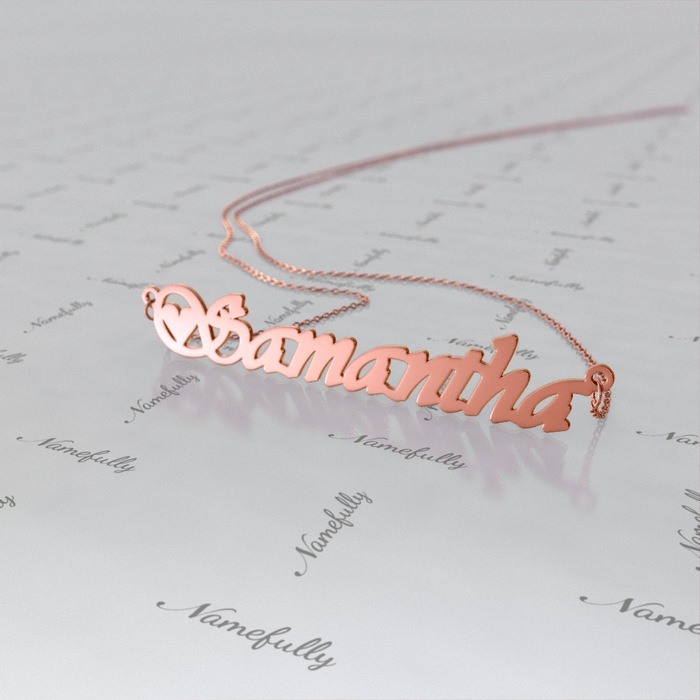 18k Solid Rose Gold Name Necklace with Heart - "Samantha" - 1