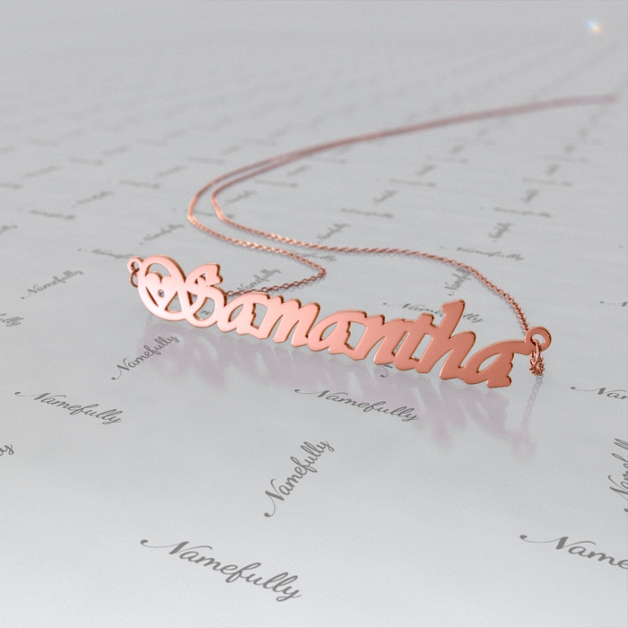 Name Necklace with Hearts and Diamonds in Rose Gold Plated Silver - "Samantha" - 1