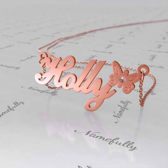 Customized Butterfly Name Necklace with Diamonds in Rose Gold Plated- "Holly" - 1