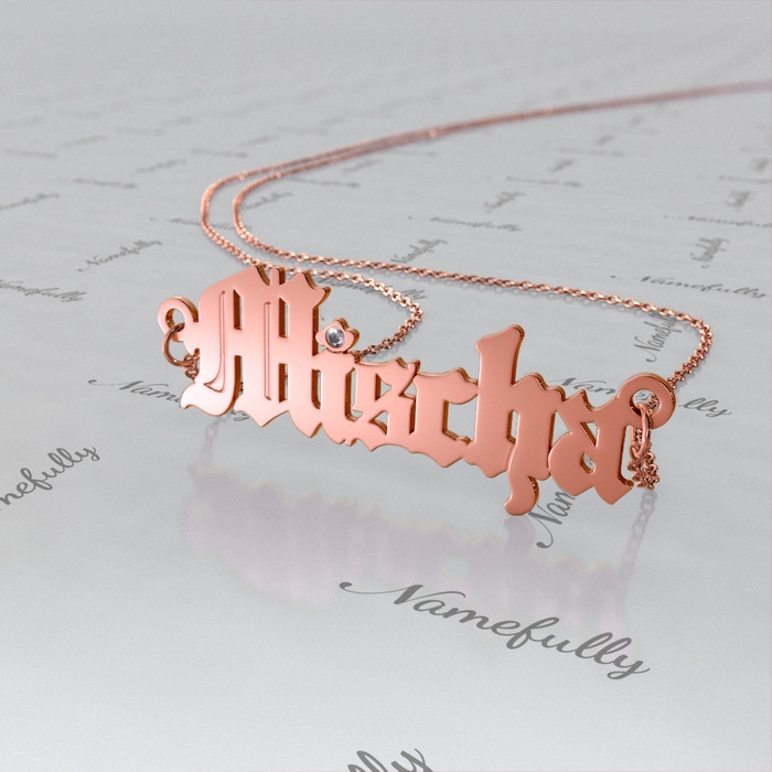 Name Necklace with Diamonds & Gothic Font in Rose Gold Plated Silver - "Mischa Barton" - 1