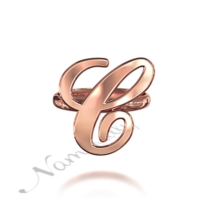 Initial Ring in Script Font in Rose Gold Plated Silver - "It Starts with C" - 1