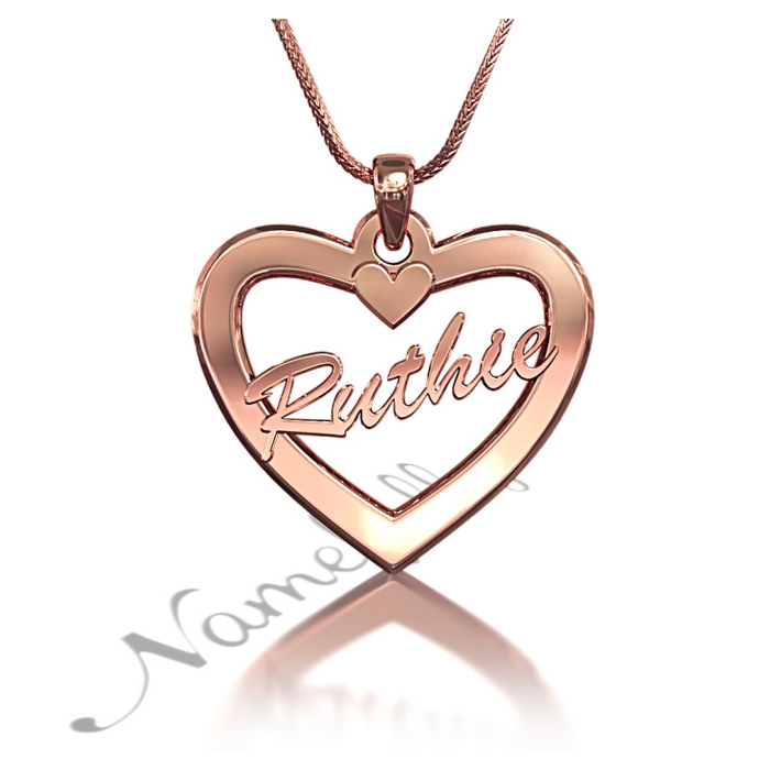 Name Necklace in Heart-Shaped Pendant with Script Font in 10k Rose Gold - "Ruthie" - 1