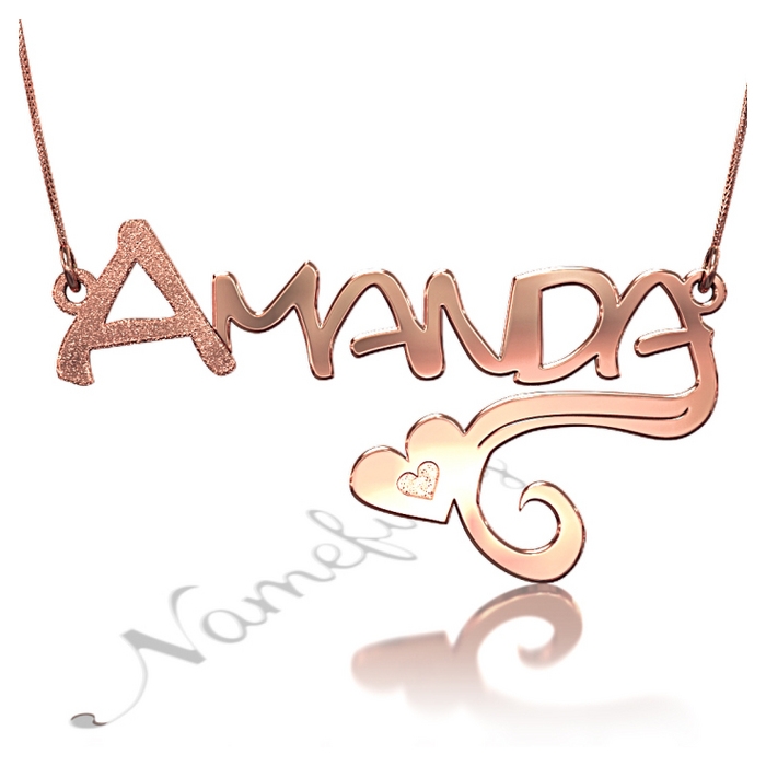Name Necklace with Heart and Sparkling Initial in 10k Rose Gold - "Amanda" - 1