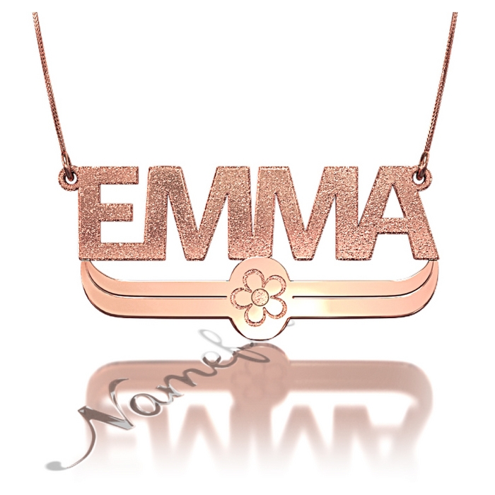 Sparkling Name Necklace in Block Print with Flower in Rose Gold Plated Silver - "Emma" - 1