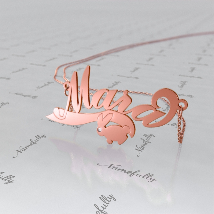 Name Necklace with Bunny and Diamonds in Rose Gold Plated Silver - "Mara" - 1