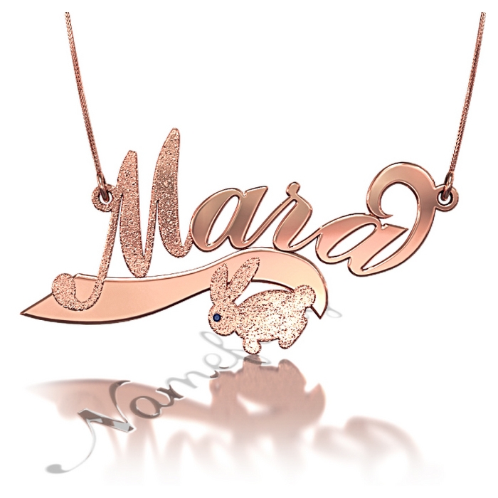 Sparkling Name Necklace with Bunny & Swarovski Birthstones in 10k Rose Gold - "Mara" - 1