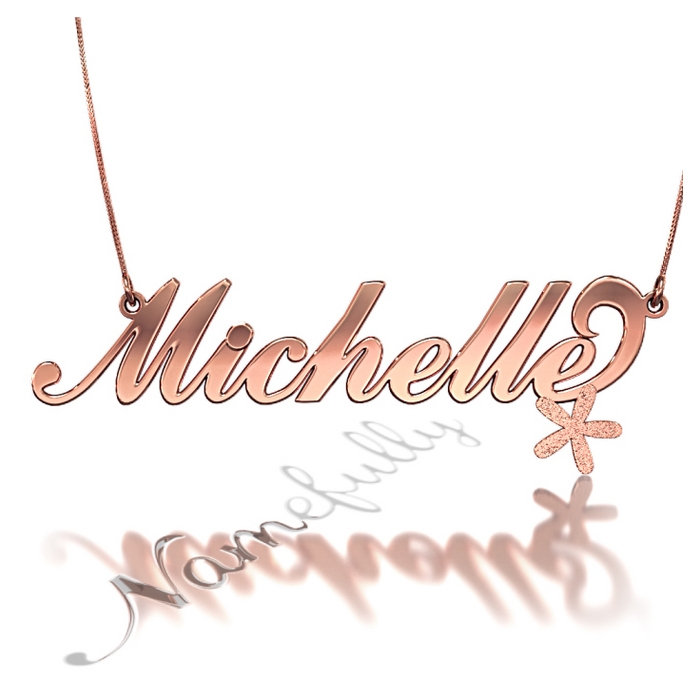 Carrie-Style Name Necklace with Sparkling Flower in 14k Rose Gold - "Michelle" - 1