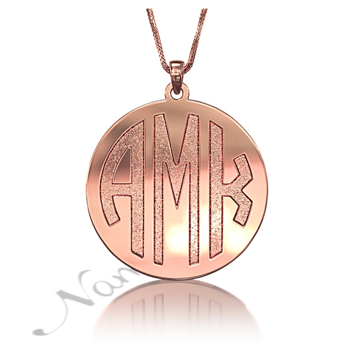 Monogram Necklace with Sparkling Letters in 10k Rose Gold - "AMK" - 1