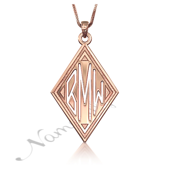 Monogram Necklace with Sparkling Diamond-Shape in Rose Gold Plated Silver - "BMW" - 1