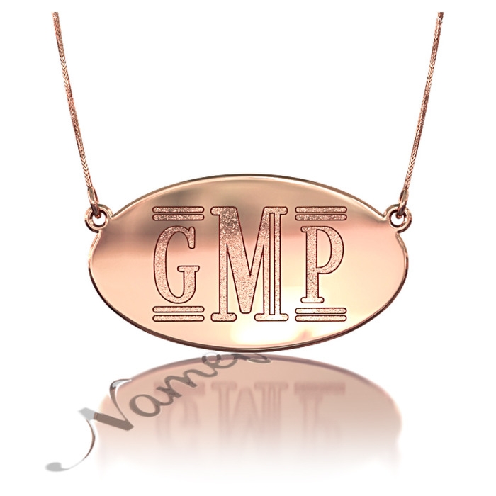 Monogram Necklace with Sparkling Oval Plate in 14k Rose Gold - "GMP" - 1