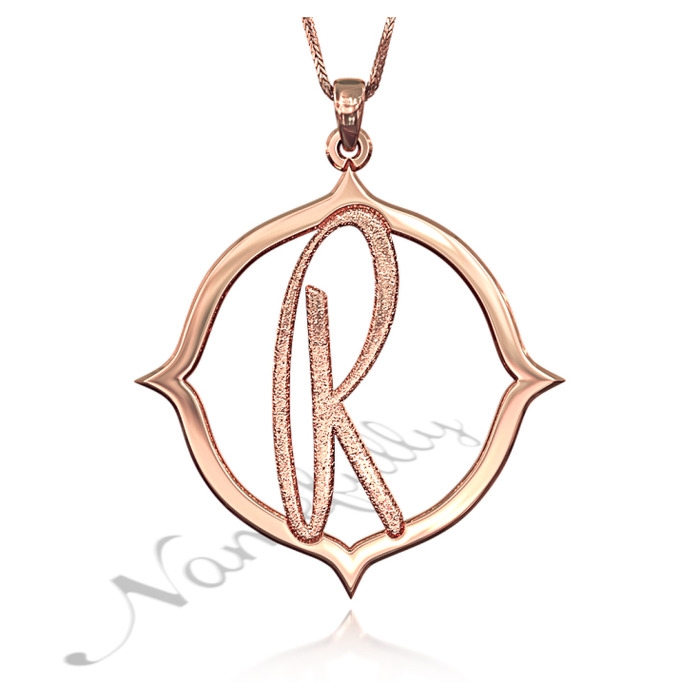 Initial Necklace in Sparkling Contemporary Script in 10k Rose Gold - "R is for Remarkable" - 1