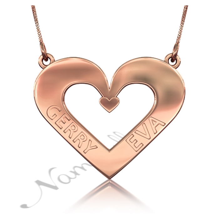 3D Heart Name Necklace in 14k Rose Gold - "Gerry Loves Eva" - 1
