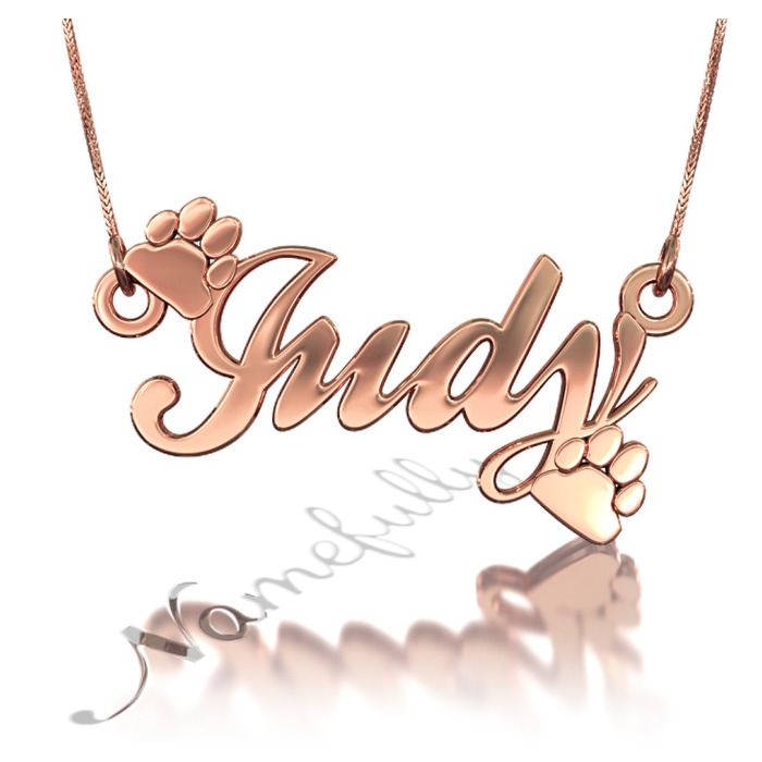 Rose Gold Plated 3D Name Necklace with Paw Prints - "Judy" - 1