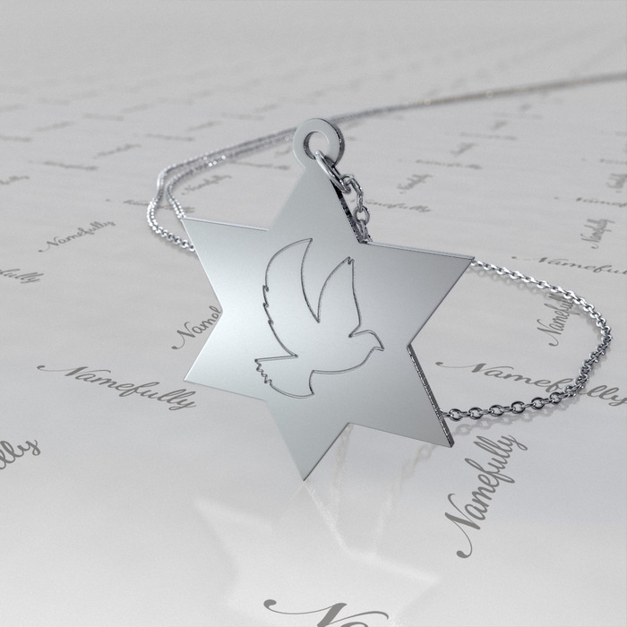14k White Gold Star of David Necklace with Engraved Dove - 1