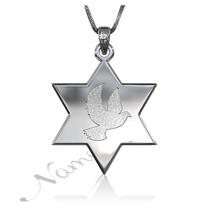 14k White Gold Star of David Necklace with Sparkling Dove - 1