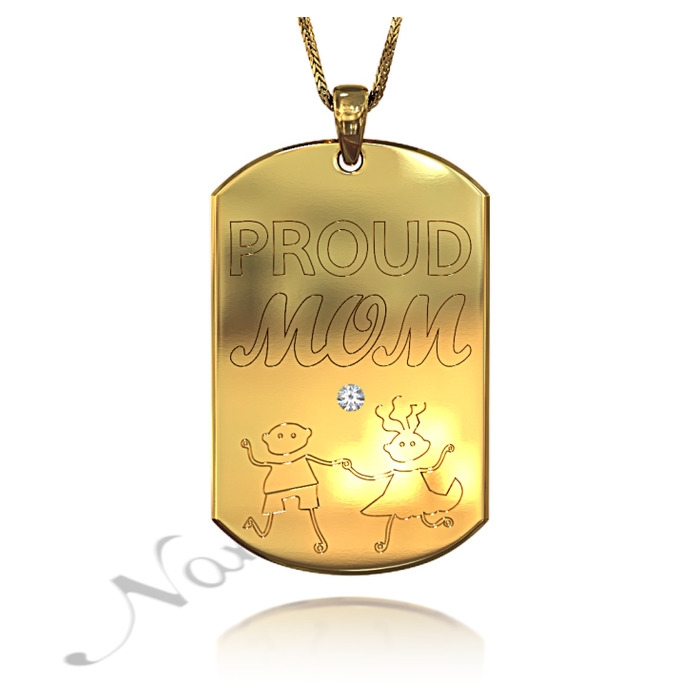 Proud Mom Dog Tag with Diamonds in 18k Yellow Gold Plated Silver - 1