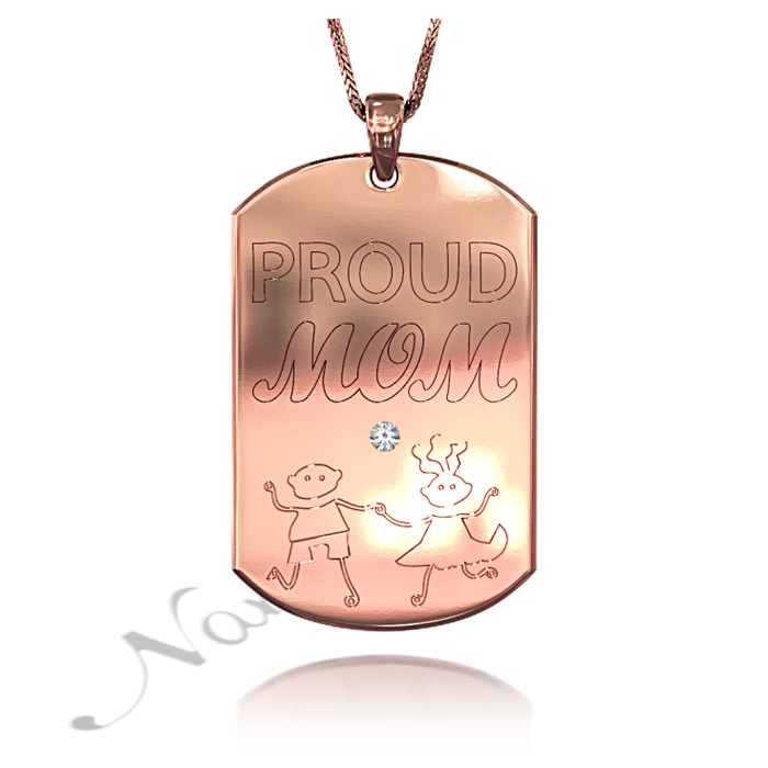 Proud Mom Dog Tag with Diamonds in 18k Rose Gold Plated Silver - 1