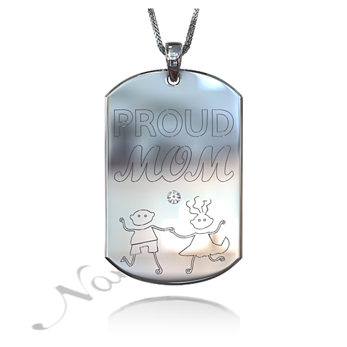 Proud Mom Dog Tag with Diamonds in 14k White Gold - 1