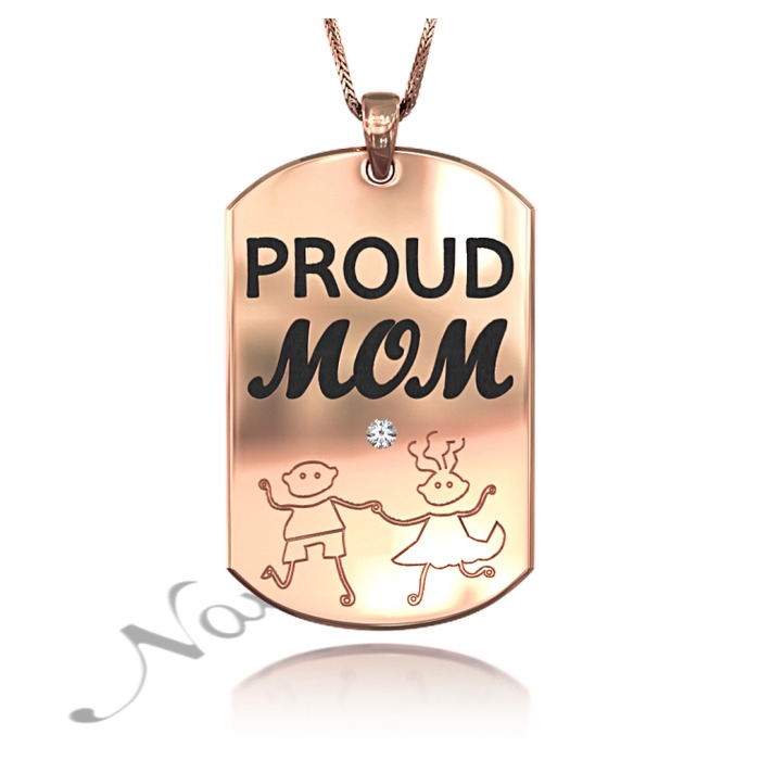 Proud Mom Dog Tag with Diamonds & Contrast Detail in 18k Rose Gold Plated Silver - 1