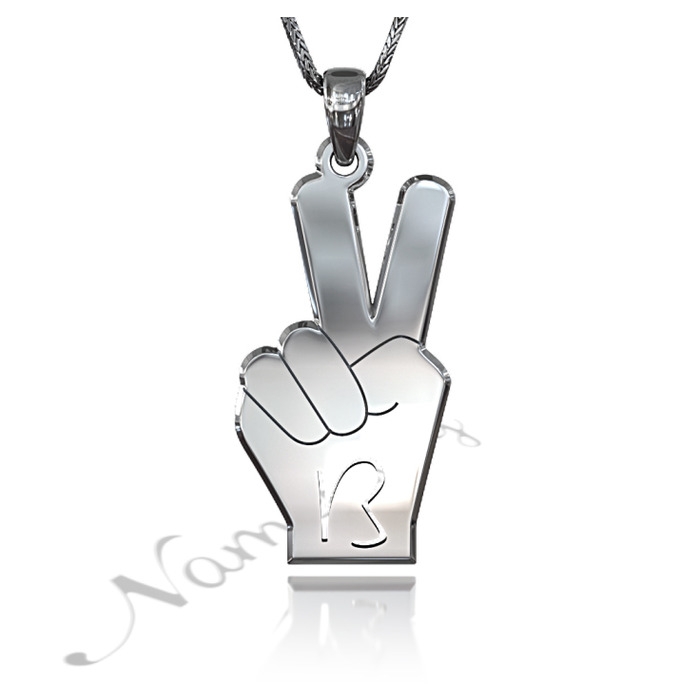 Initial Necklace with Peace Hand Sign in 14k White Gold - 1