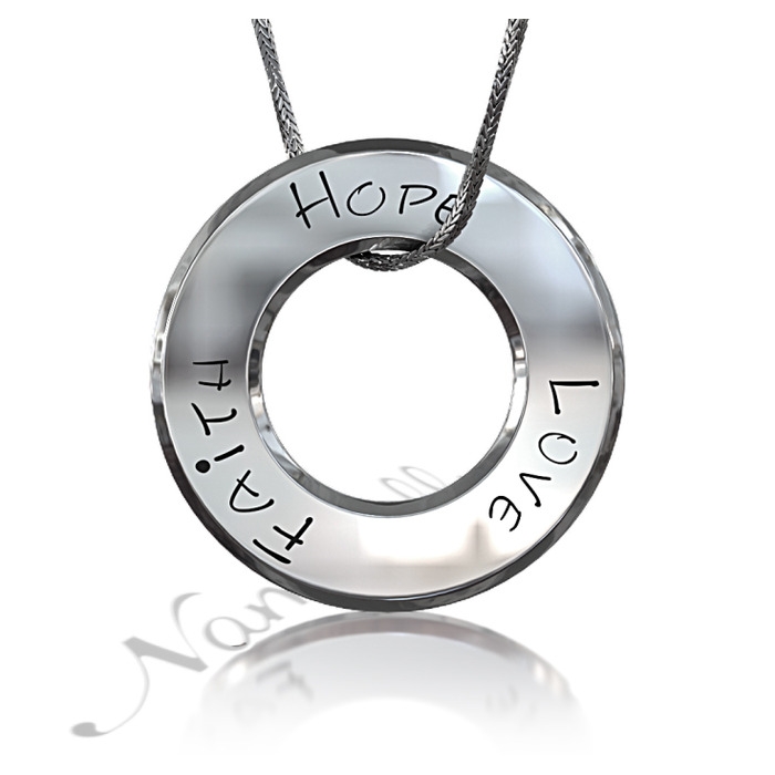 "Faith, Hope & Love" Necklace with Round Pendant in 14k White Gold - 1