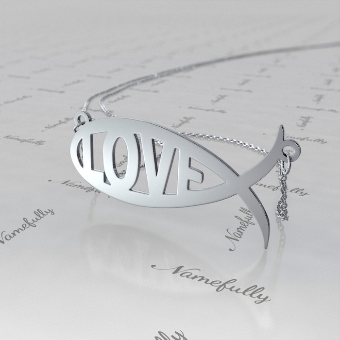 14k White Gold "Love" Necklace with Christian Fish Design - 1
