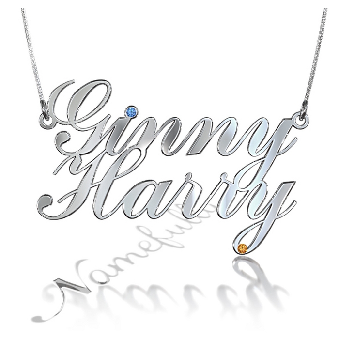 Customized Couple Name Necklace with Swarovski Birthstones in 14k White Gold Ginny n Harry - 1