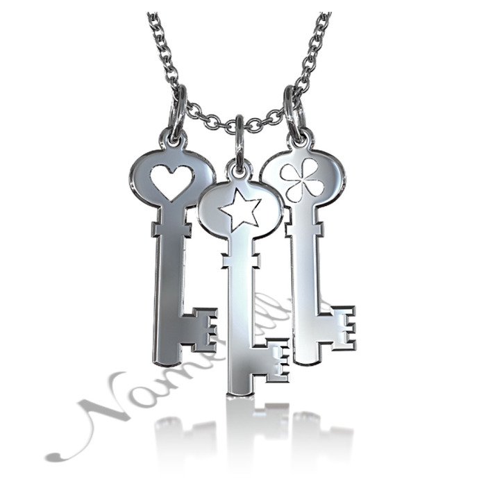 Necklace with Three Key Pendants in 14k White Gold - 1
