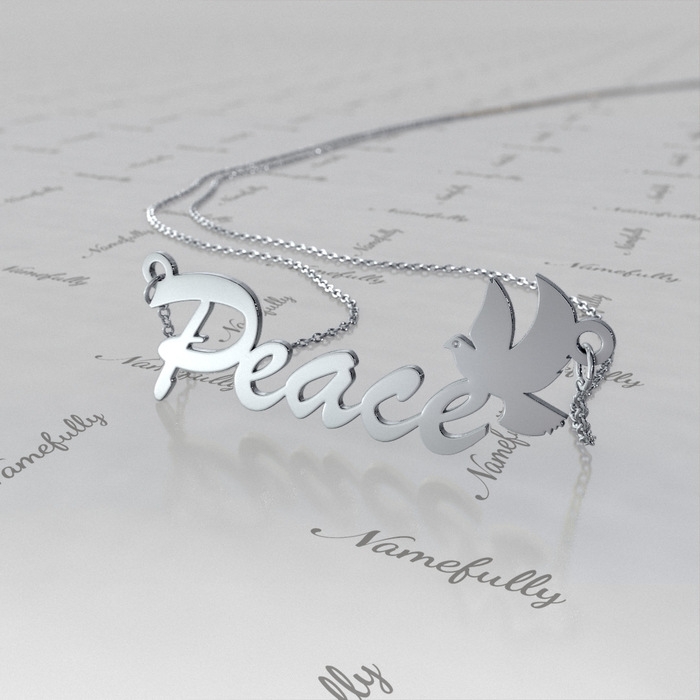 "Peace" Necklace with Dove in 14k White Gold - 1
